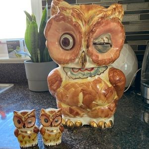 Anthropology-like Vintage Shawnee Winking Owl Cookie Jar and Sshakers